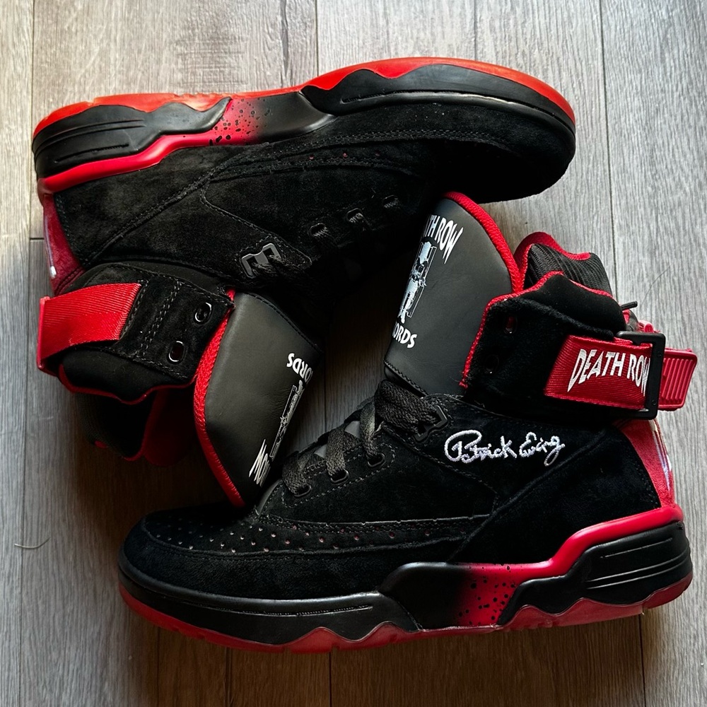 LIKE NEW: EWING - DEATH ROW RECORDS SIZE 8 RED AND BLACK HIGH TOPS SNEAKERS